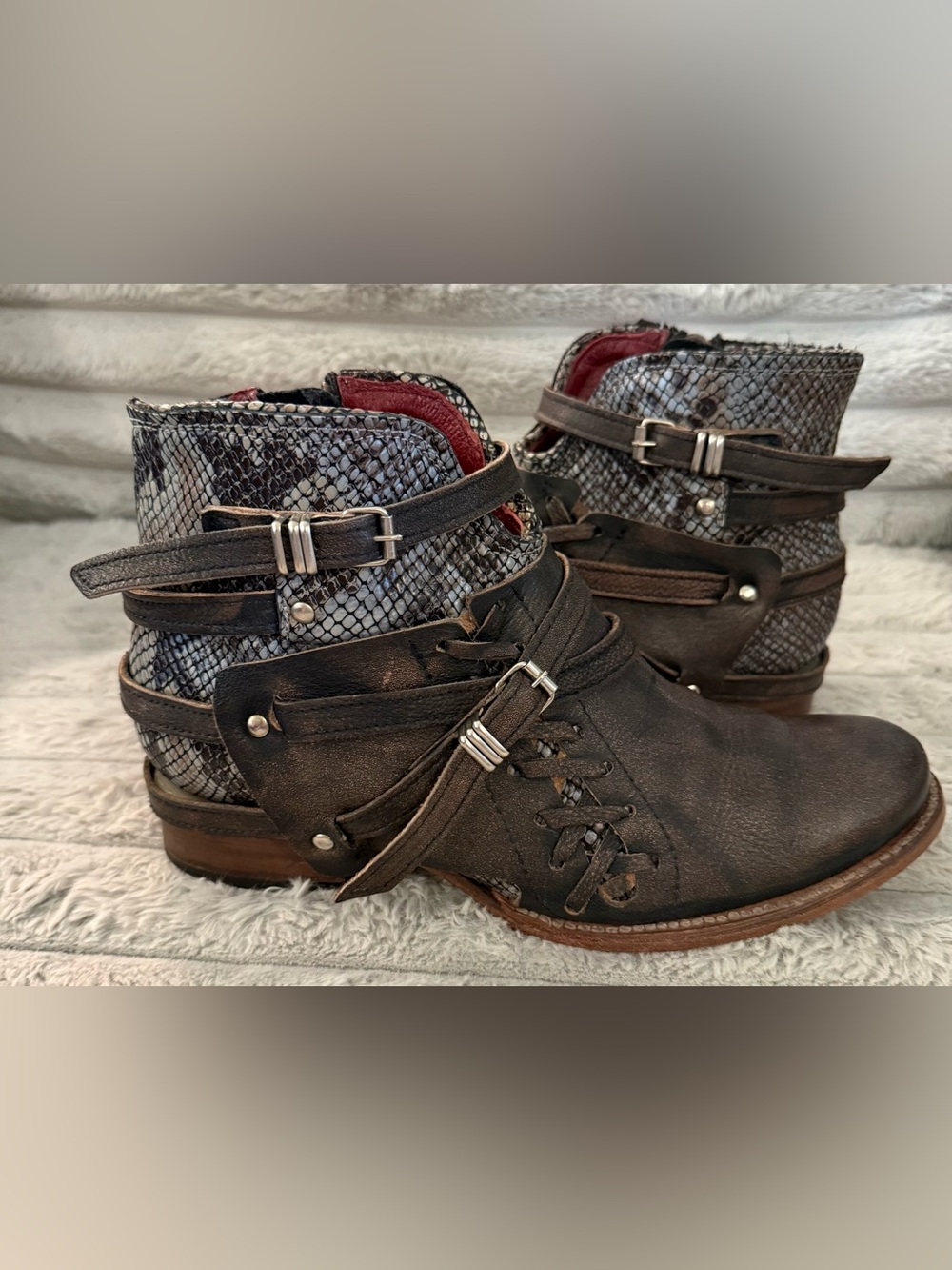 EUC- Freebird Belfast. Size 7. Brown with blue snakeskin print.
